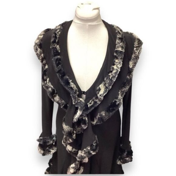 Joseph Ribkoff Women’s Mixed Media Open Front Faux Fur Trim Cardigan, Black, 8 - Picture 4 of 10